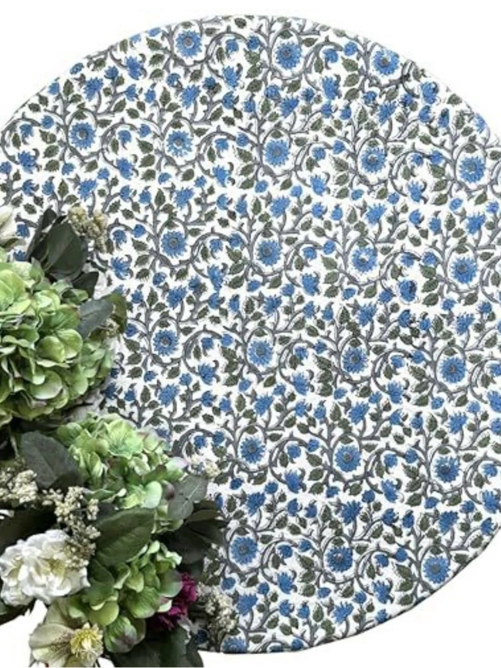 Blue and White Floral Round Tablecloth with Border